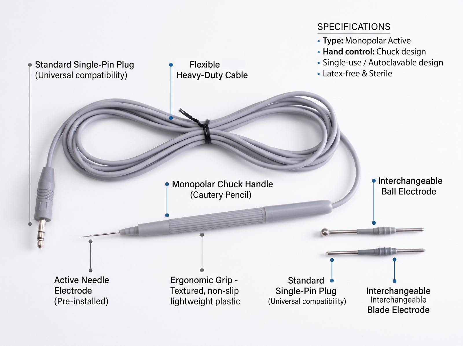 Valley Lab Chuck Handle with Electrode Set Cautery Pencil : STRIVE GREY - Image 3