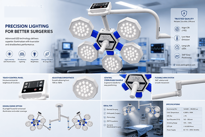 Double Dome LED Surgical OT Light | Ceiling Mounted Shadow less Operating Light : 105+105 - Image 2