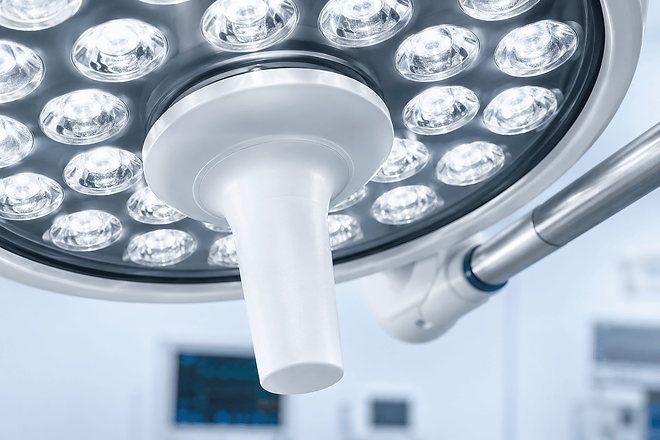 Double Dome LED Surgical OT Light | Ceiling Mounted Shadow less Operating Light : 48+48 - Image 2