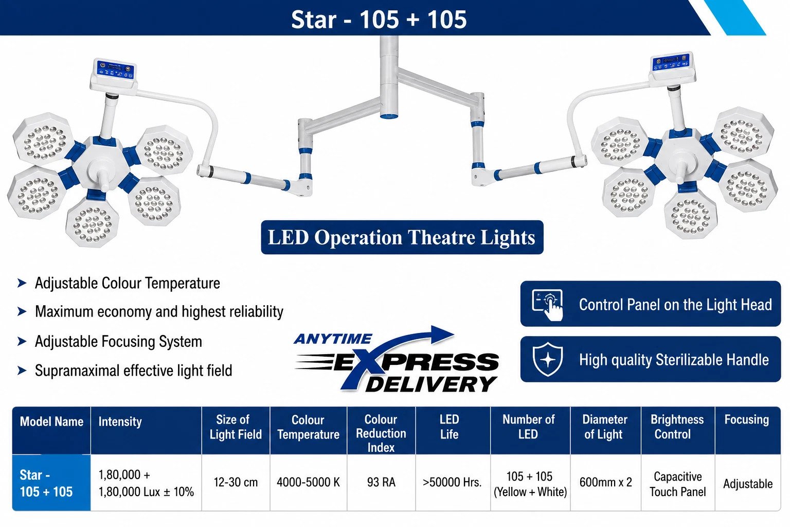 Double Dome LED Surgical OT Light | Ceiling Mounted Shadow less Operating Light : 105+105 - Image 4