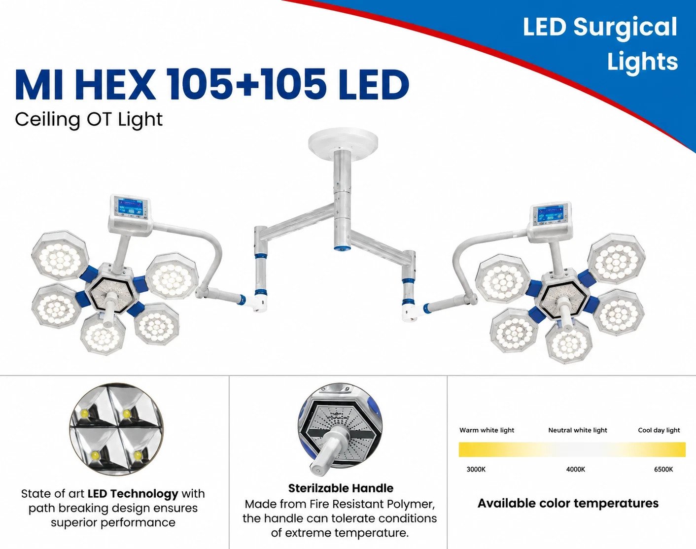 Double Dome LED Surgical OT Light | Ceiling Mounted Shadow less Operating Light : 105+105 - Image 6